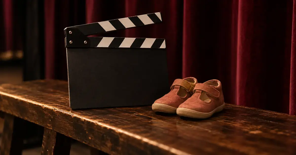 Elokuvaklaffi ja pienet lasten kengät puupenkillä viininpunaisen teatteriverhon edessä symboloivat näyttelijän uran ja perhe-elämän yhdistämistä.